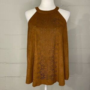 Laser-Cut Suede-Feel Halter Tank Top in Brown